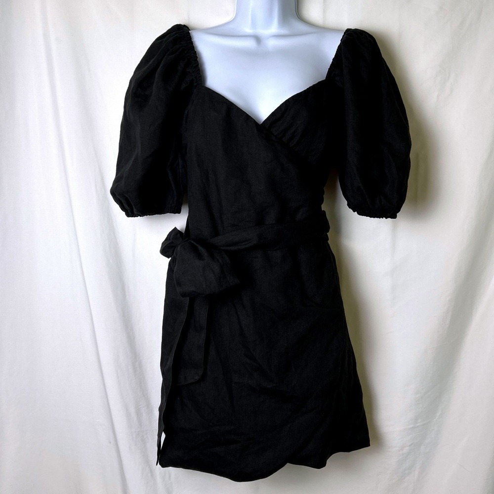 Olivaceous Women Linen Blend Puff Sleeve Wrap Mini Dress Size M Black Party Chic